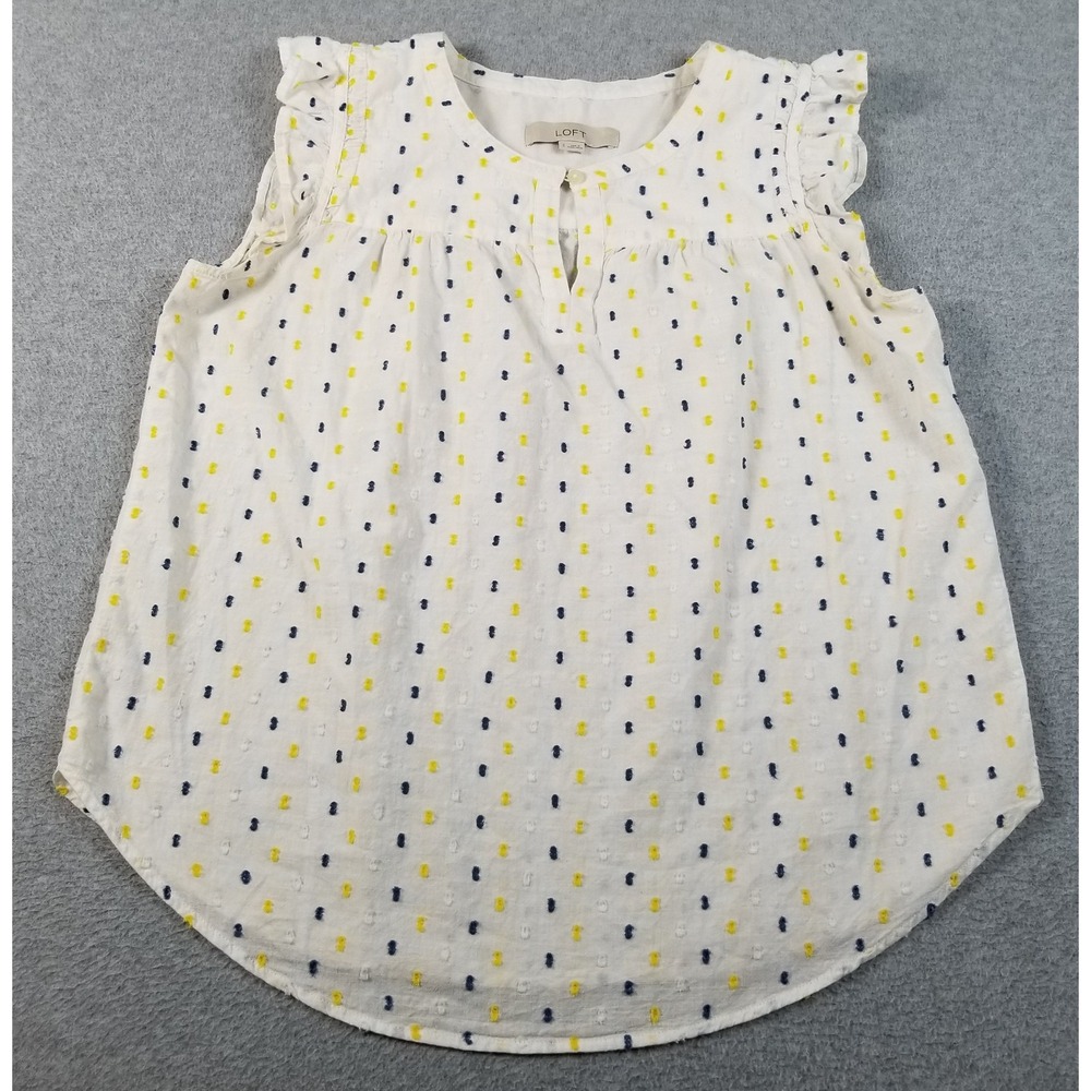 LOFT Top Women Small Blue Yellow White Swiss Dots Sheer Short Sleeve Lightweight